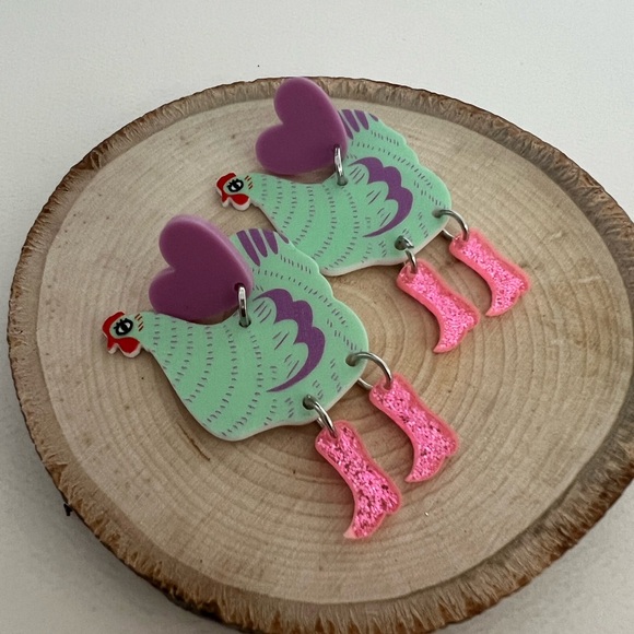1970's Inspired Chicken in Boots Dangle Earrings - Colorful Retro Drop Earrings - Picture 10 of 14